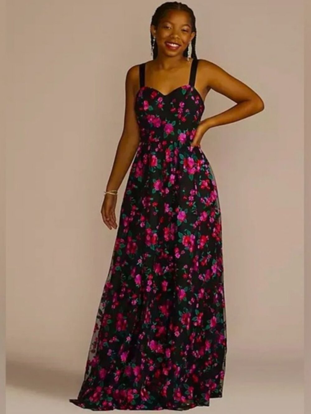 Jules & Cleo Black Pink Floral Embroidered Sweetheart A-Line Maxi Dress Sz 4